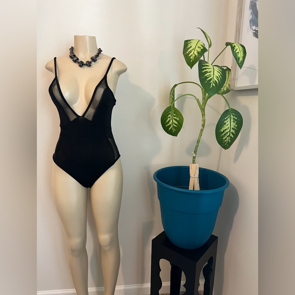 Boohoo Petite Sheer Deep Neck Bodysuit - Picture 2 of 12